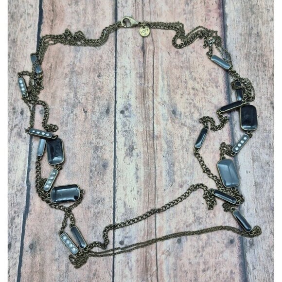 LOFT Black & Gray Double Chain Gun Metal, Enamel & Crystal Station Necklace 32" - Picture 9 of 11